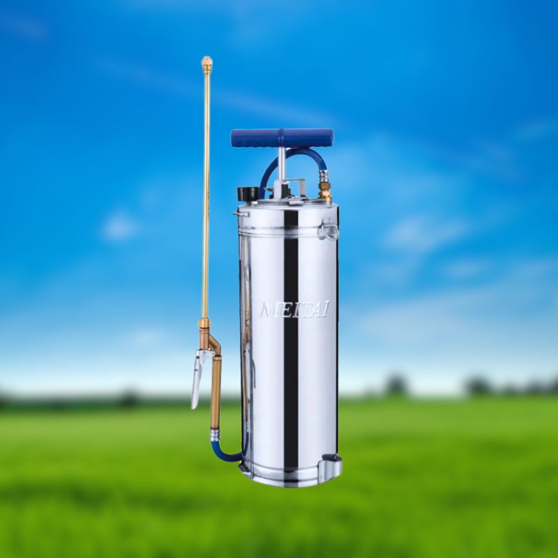 Durable steel pump sprayer for gardening and industrial use.